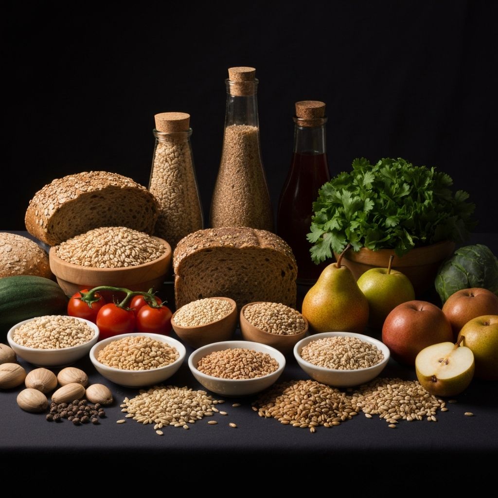 Natürliche Kohlenhydratquellen: Getreide, Gemüse und Früchte mit künstlerischer wissenschaftlicher Beleuchtung