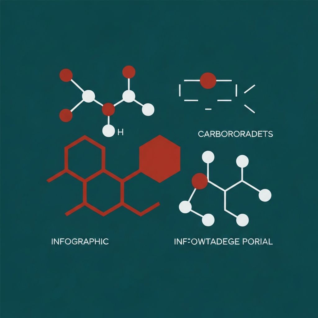 Konzeptuelle Visualisierung der drei Makronährstoffe: Proteine, Fette und Kohlenhydrate mit molekularen Strukturen